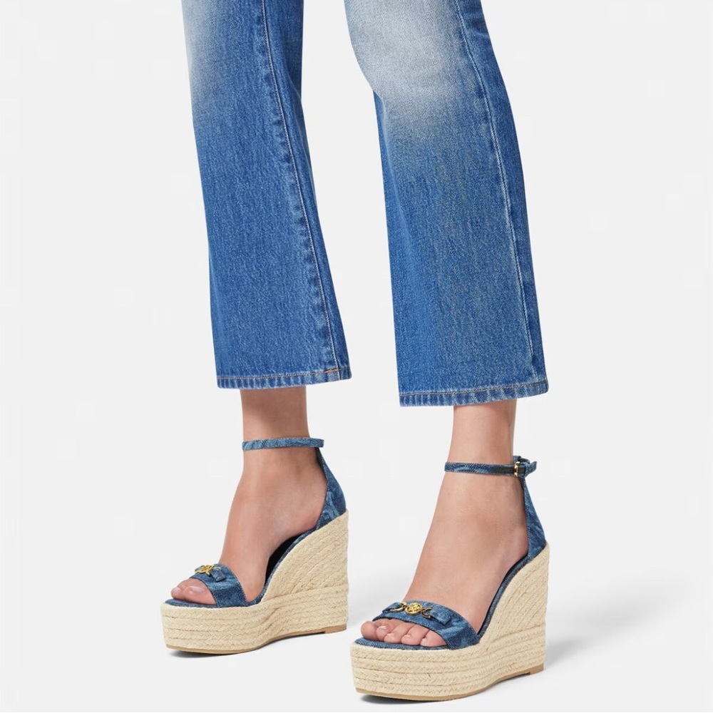 NEW VERSACE ‘95 Medusa Crystals Denim Barocco Print Platform Wedge Sandals 41